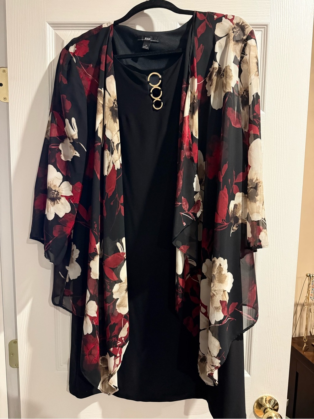 R&K Black Floral Kimono Shrug with Red and Cream Blooms